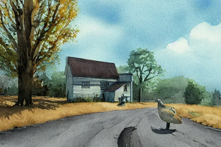 Prompt: country road store goose watercolor trending on artstation