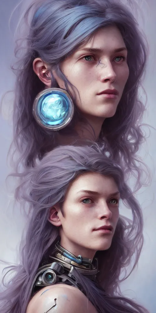 Image similar to portrait of a young ruggedly beautiful but joyful cyborg, female, femenine, upper body, aquamarine color hair, long hair, d & d, fantasy, piercing eyes, intricate, elegant, highly detailed, digital painting, artstation, concept art, matte, sharp focus, illustration, art by artgerm and greg rutkowski and alphonse mucha