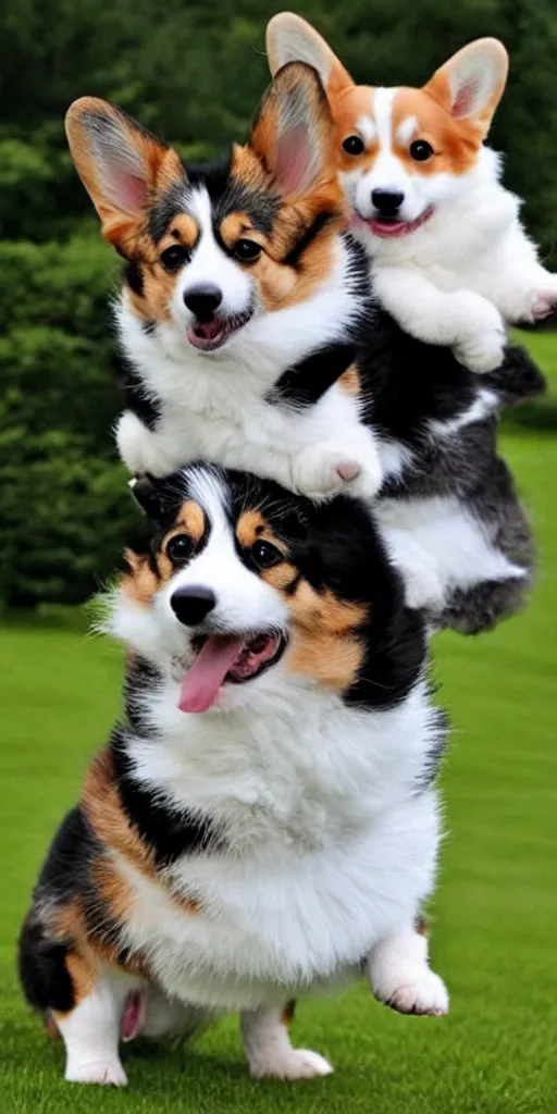 Image similar to cute corgi and a cute fluffy tuxedo cat riding on the top of him, realistic photo