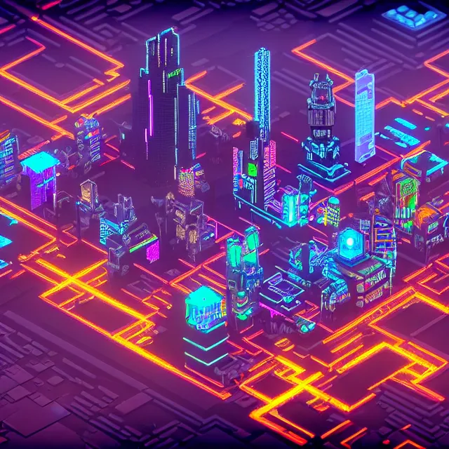 Image similar to voxel art of a cyberpunk blockchain city is seen, blockchain, symmetry, painted, intricate, volumetric lighting, beautiful, rich deep colors masterpiece, sharp focus, ultra detailed, in the style of dan mumford and marc simonetti