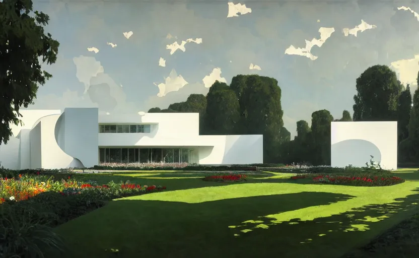 Prompt: painting of a wide angle exterior shot of a white modern architecture in the middle of an english garden with cinematic lighting by peter zumthor and frank gehry and renzo piano, darek zabrocki and greg ruthkowski, alphonse mucha, simon stalenhag and cinematic and blue cold atmospheric, archillect concept art, artstation, trending on artstation