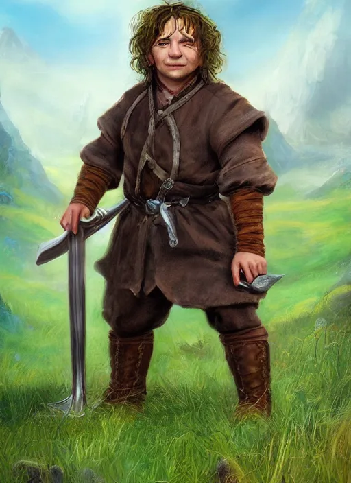 Prompt: A fantasy portrait painting of a male hobbit wearing leather armor on a beautiful meadow, DAZ, hyperrealistic, ambient light, dynamic light, trending on artstation, d&d, RPG portrait