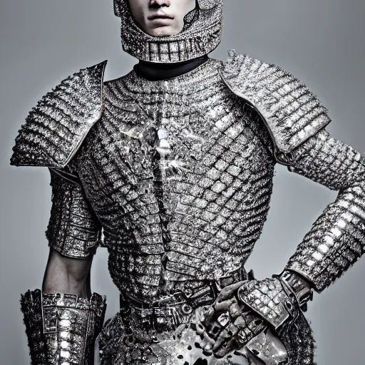 Prompt: a portrait of a beautiful young male wearing an alexander mcqueen armor made of diamonds , photographed by andrew thomas huang, artistic