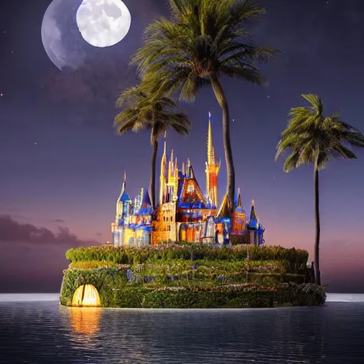 Image similar to the disney castle surrounded by giant palm trees on a giant floating island in the sky at night, a huge moon above the island illuminates the sky, cinematic, digital art by erik johansson, 8 k resolution, hyper detailed, hyper realistic, sharp focus, unreal engine 5