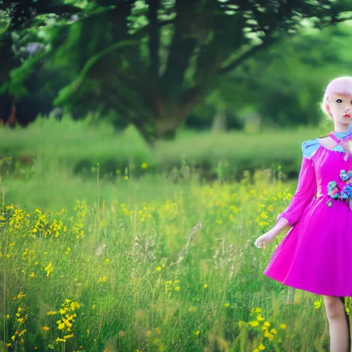 Prompt: A performance art of a young girl with blonde hair, blue eyes, and a pink dress. She is standing in a meadow with flowers and trees. raytracing, lawn green by Sailor Moon gloomy