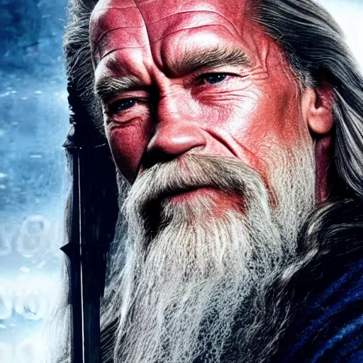 Prompt: still of Arnold Schwarzenegger as gandalf