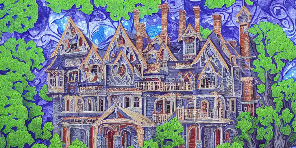 Image similar to Fractal mansion, detailed gouache painting