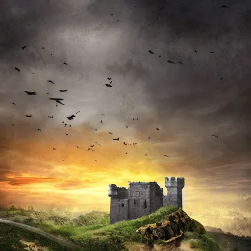 Prompt: Castle on the edge of a cliff with a lot of fields outside the caste. walls, dystopia, dark atmosphere, sunset, bird view, digital art, high detail