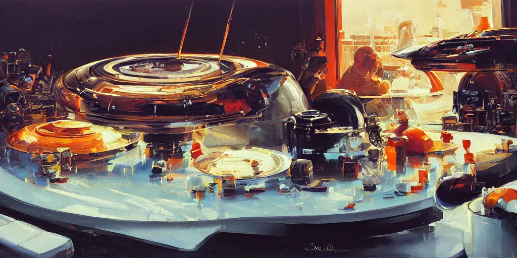 Prompt: detailed painting of a aspic on plate, ralph mcquarrie, jama jurabaev, syd mead, john berkey, robert mccall trending on artstation, highly detailed oil painting, hyperrealistic, cinematic, dramatic lighting