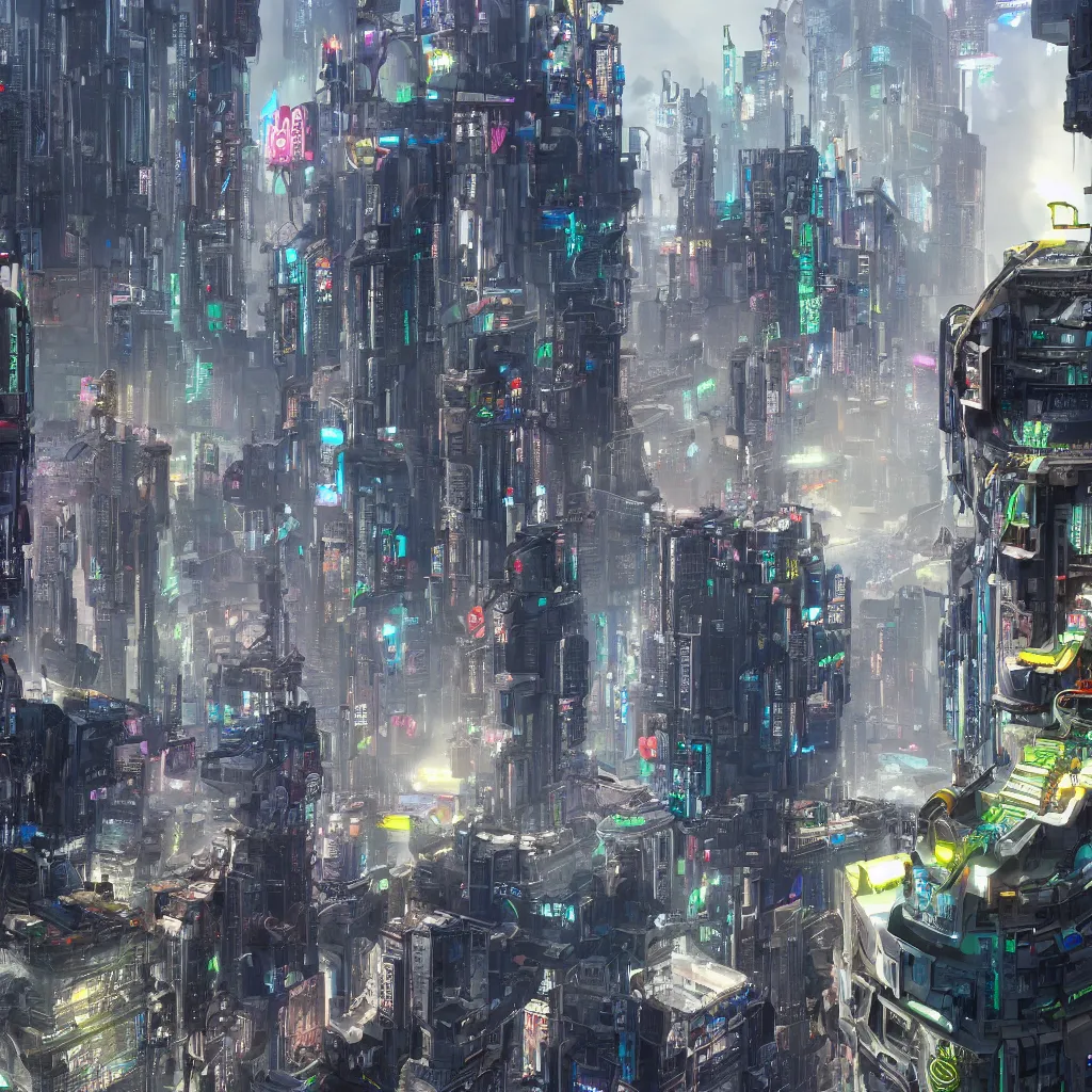 Prompt: cyberpunk style city, the waterfall cascaded down from the highest building, sunlight, a young man with an oxygen mask was standing on the roof of the building, 8 k, highly detailed, ultra detailed, by friendly robot