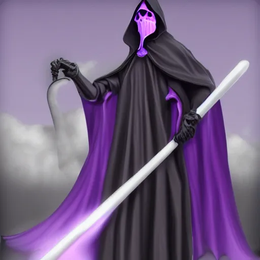 Image similar to grim reaper, purple cloak, full body