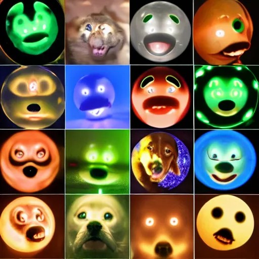 Image similar to inside a spherical atom, protons, electrons, neutrons, quarks glowing luminescent particles with happy dog faces floating inside