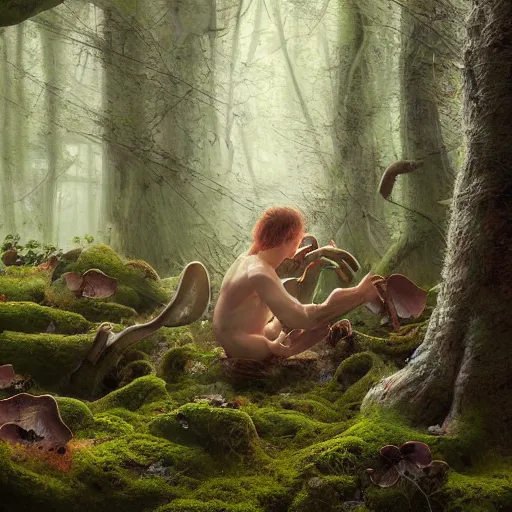 Prompt: A human body being consumed by wood, branches, moss plants, mushrooms, spores, horror, 3d, 4k oil on linen by wlop, artgerm, andrei riabovitchev, nuri iyem, james gurney, james jean, greg rutkowski, highly detailed, soft lighting 8k resolution