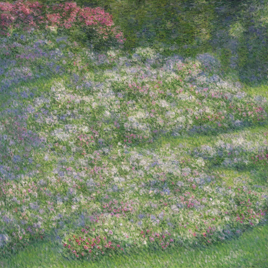 Prompt: a gorgeous garden on the edge of a cliff filled with beautiful flowers in different shades of pale green, monet