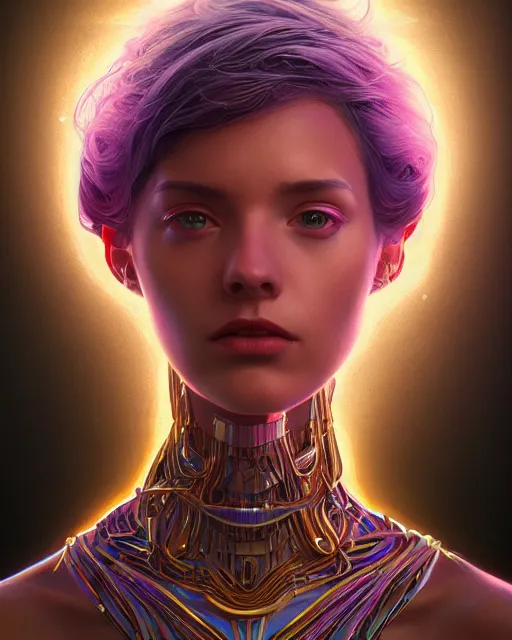 Image similar to highly detailed surreal vfx portrait of a metallic chromatic geometric tribal young woman, behance, stephen bliss, unreal engine, greg rutkowski, loish, rhads, beeple, makoto shinkai and lois van baarle, ilya kuvshinov, rossdraws, tom bagshaw, alphonse mucha, global illumination, detailed and intricate environment