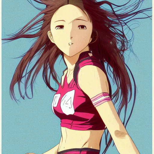 Image similar to a girl is running, sport clothing, anime style, long hair, hair down, symmetrical facial features, yowamushi pedal show, hyper realistic, highly detailed, rule of thirds, extreme detail, detailed drawing, trending artstation, realistic lighting, by alphonse mucha, greg rutkowski, sharp focus, backlit, real faces, realistic anatomy