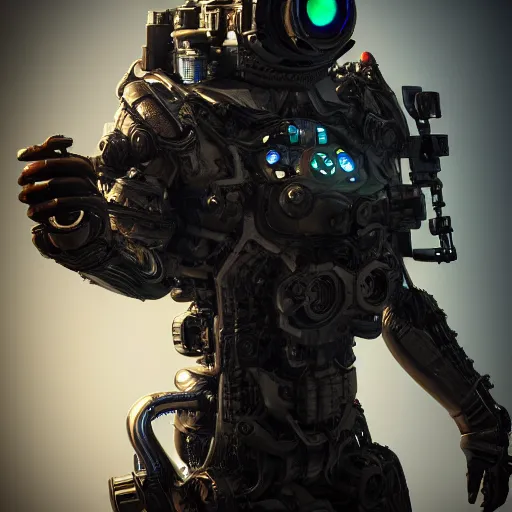 Image similar to Full lenght view Photography of ultra mega super hyper realistic detailed warmachine by Hiromasa Ogura . Photo on Leica Q2 Camera, Rendered in VRAY and DaVinci Resolve and MAXWELL and LUMION 3D, Volumetric natural light. Wearing cyberpunk suit with many details by Hiromasa Ogura .Rendered in VRAY and DaVinci Resolve and MAXWELL and LUMION 3D, Volumetric natural light