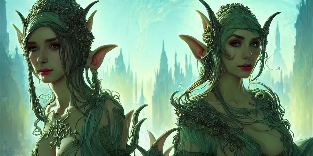 Prompt: beautiful plague - infected ancient elf, slime - covered elven city against blur, highly detailed, digital painting, artstation, sharp focus, illustration, cinematic, art by tan zi and ayanamikodon and alphonse mucha and wlop