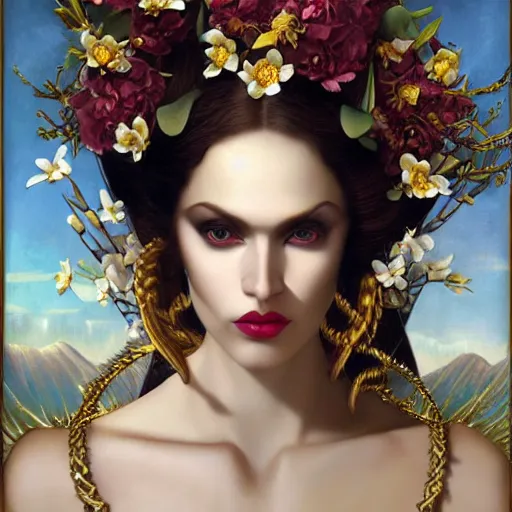 Image similar to dynamic composition, blonde woman with hair of irises and spring flowers wearing ornate earrings, ornate gilded details, a surrealist painting by tom bagshaw and jacek yerga and tamara de lempicka and jesse king, wiccan, pre - raphaelite, featured on cgsociety, pop surrealism, surrealist, dramatic lighting