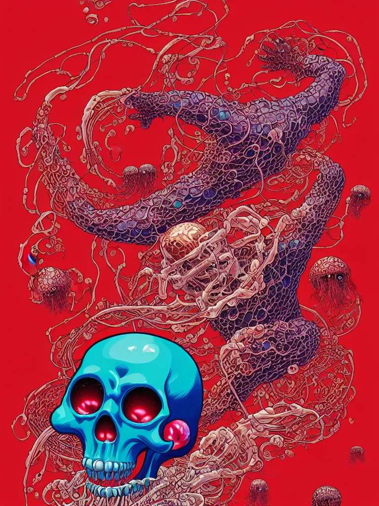 Image similar to a glowing red skull in the sea caught by a jellyfish by josan gonzalez and dan mumford and albrecht anker and miho hirano and ross tran and chiho aoshima, highly detailed, high contrast, pop art, comic shading, intricate details, blended color palette