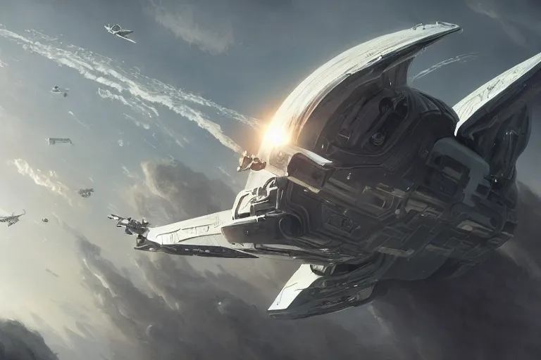 Image similar to hyper realistic sci - fi matte concept art painting of a starship above earth, beautiful details, strong composition painted by kim jung guweta studio rutkowski, james gurney and greg rutkowski, and lucasfilm, smooth, intricate, detailed, sharp focus, cinematic