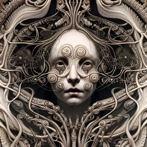 Image similar to detailed realistic porcelain beautiful intricate calaveras goddess face portrait by jean delville, gustave dore, iris van herpen and marco mazzoni, art forms of nature by ernst haeckel, art nouveau, symbolist, visionary, gothic, neo - gothic, pre - raphaelite, fractal lace, intricate alien botanical biodiversity, surreality, hyperdetailed ultrasharp octane render