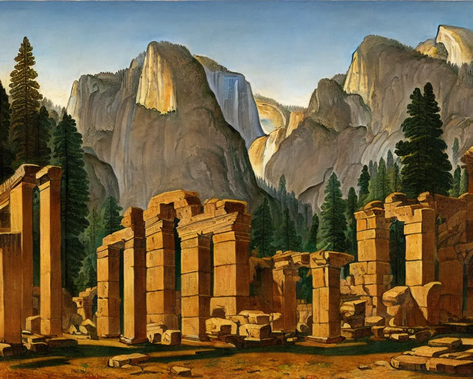 Prompt: an achingly beautiful print of roman ruins in the middle of Yosemite valley by Raphael, Hopper, and Rene Magritte. detailed, romantic, enchanting, trending on artstation.
