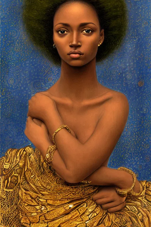 Image similar to Portrait of a Beautiful African female, sad green eyes, beautiful skin, elegant, jewellery, digital painting, Pre-Raphaelites, highly detailed, concept art, smooth, sharp focus, gold and indigo, illustration, art by Klimt .