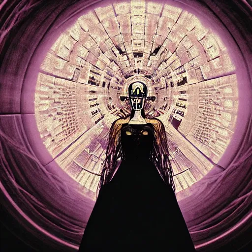 Prompt: levitating woman with huge fractal dress in the style of giger with white flowers and full - face golden mask inside a thick black smoke in rocky desert landscape, glowing eyes everywhere, dey earth by gaspar noe and christopher doyle, anamorphic lens, anamorphic lens flares, kodakchrome, cinematic composition, practical effects, award winning photo, 8 k
