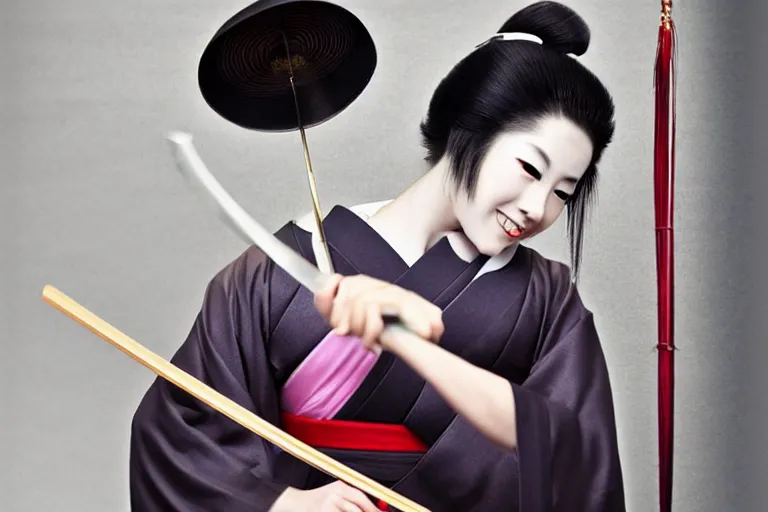 Image similar to beautiful photo of a young modern geisha samurai practising the sword in a traditional japanese temple, mid action swing, beautiful eyes, huge oversized sword, award winning photo, muted pastels, action photography, smiling into the camera, 1 / 1 2 5 shutter speed, dramatic lighting, anime set style