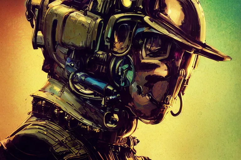 Image similar to closeup portrait stunning full - color art nouveau action shot of a bullet approaching a head, extremely detailed facial structure, dieselpunk armor, linework, by bill sienkiewicz, travis charest and michael golden, dark sci - fi, deep complexity, superhero character concept art, photorealism, stunning framing, dim volumetric lighting, hyperrealism, 8 k