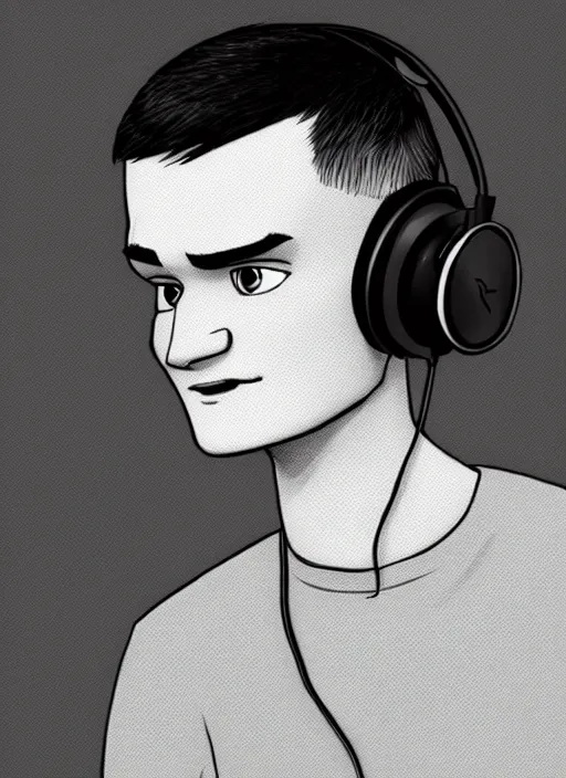 Image similar to vitalik buterin in headphones starring in pixar cartoon. vitalik buterin, medium shot, perfect symmetric face, coherent eyes, pixar cartoon style, beautiful face, fine details., very sharp, 4 k