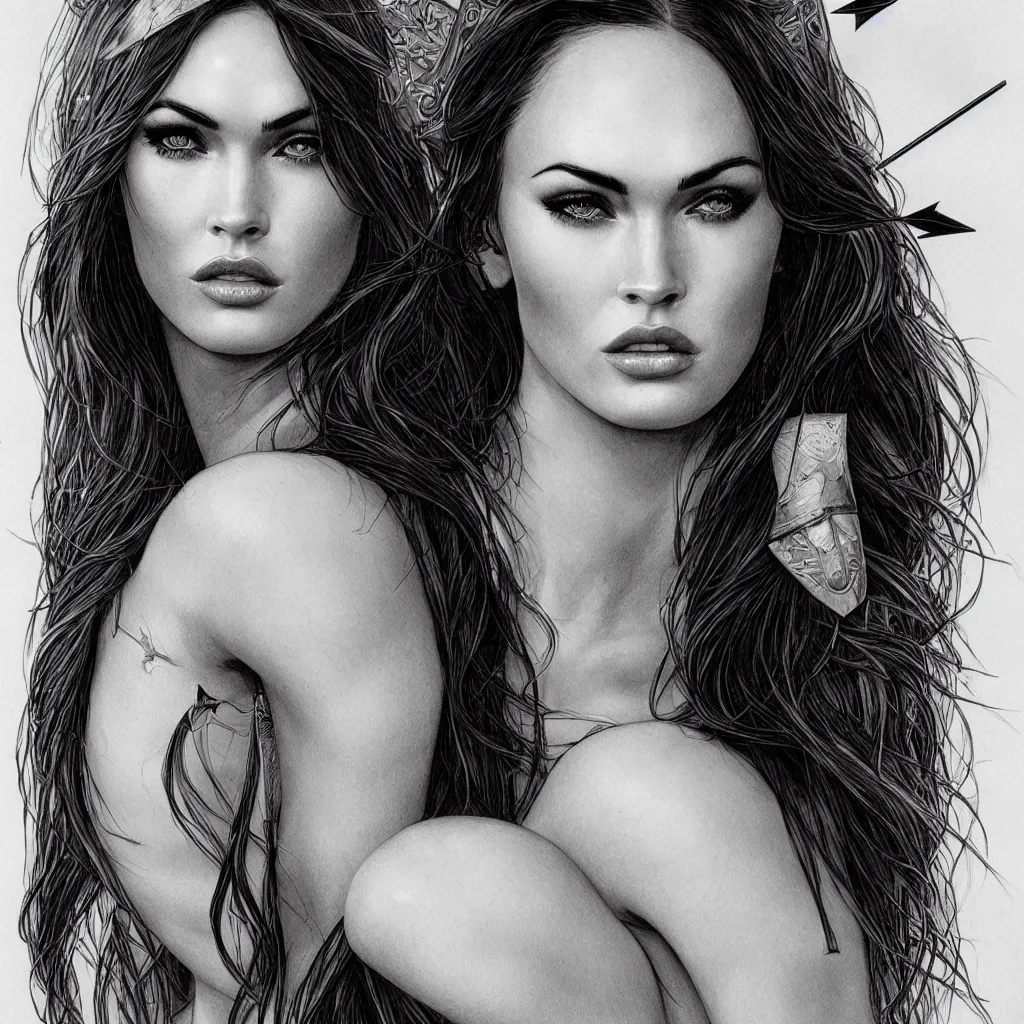 Image similar to portrait of beautiful megan fox as greek goddess aphrodite, archer, arrow on the head, beautiful piercing eyes, flowing blonde hair, realistic face, black and white drawing, in the style of greg rutkowski, fantasy, amazing detail, epic, intricate, elegant, smooth, sharp focus