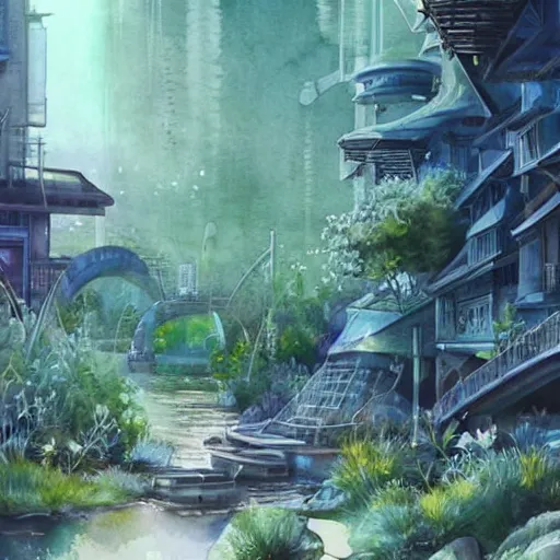 Image similar to Beautiful happy picturesque charming futuristic sci-fi town in harmony with nature. Beautiful light. Water and plants. Nice colour scheme, soft warm colour. Beautiful detailed watercolor by Lurid. (2022)