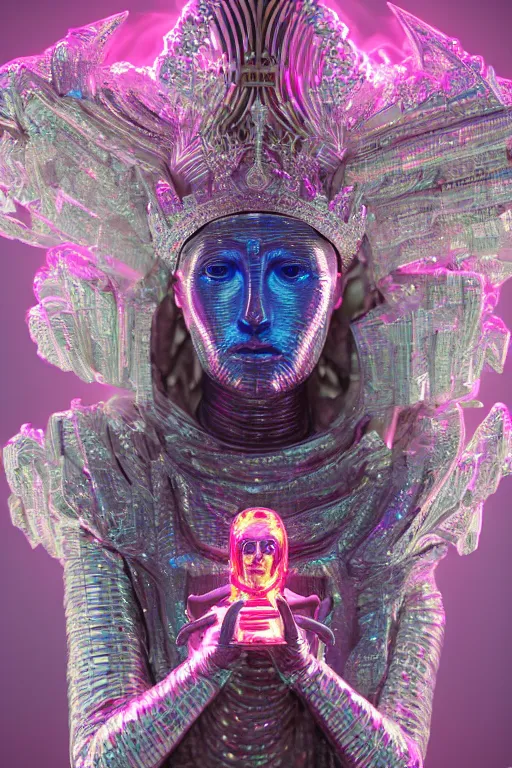 Image similar to hyper detailed ultra sharp portrait of baroque and bladerunner delicate neon diamond sculpture of seductive muscular albino king jesus, diamond pink sphinx iridescent humanoid deity wearing metallic hoody made out of hands holding the sun prismatic dungeon, glowing blue face, crown of white diamonds, cinematic lighting, photorealistic, octane render 8 k depth of field 3 d