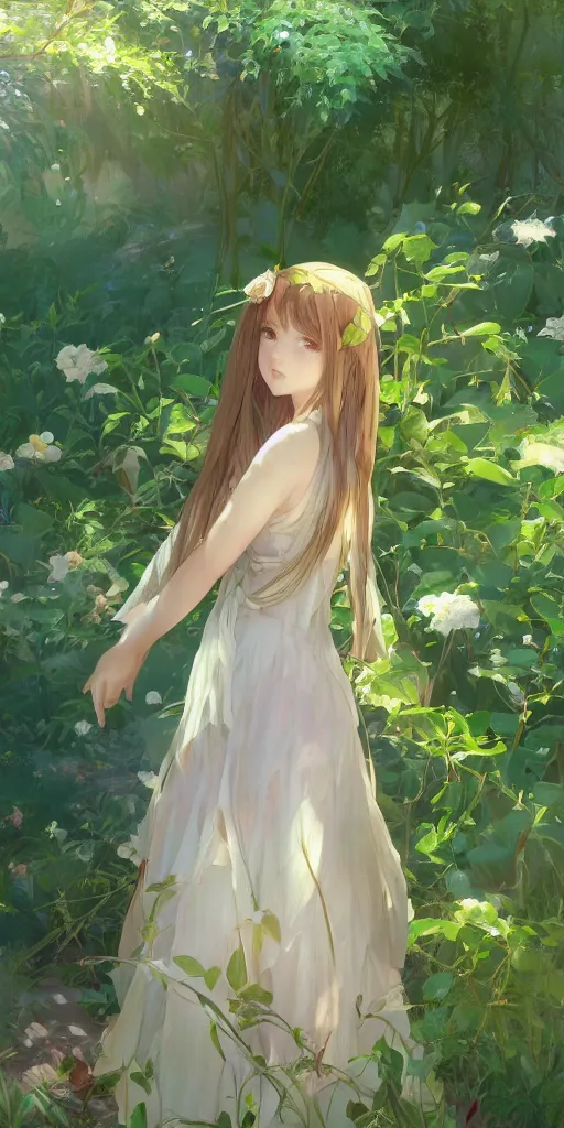 Image similar to a digital art of a loli with long hair in a dress in the privet garden at after noon, green and warm theme, back lighting, by krenz cushart and mucha and akihito yoshida and greg rutkowski and makoto shinkai, detailed eyes, 4 k resolution, trending on art station