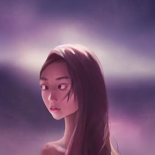 Image similar to a thin, pretty young Filipino woman with long hair floats in a dreamy world in the distance, her face is shaded, very beautiful, inspiring, dramatic lighting, abstract digital art, trending on artstation