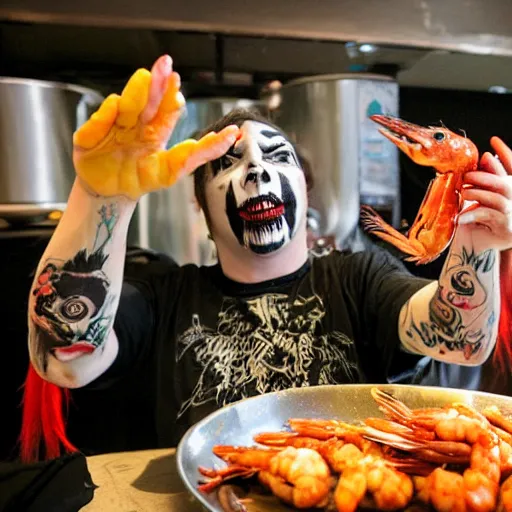 Prompt: juggalo eating prawns