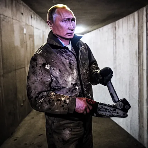 Image similar to putin with a chainsaw. in a concrete bunker with a pile of corpses. focus on putins face with blood splatters. canon eos r 3, f / 1. 4, iso 1 6 0 0, 1 / 8 0 s, 8 k, raw, grainy