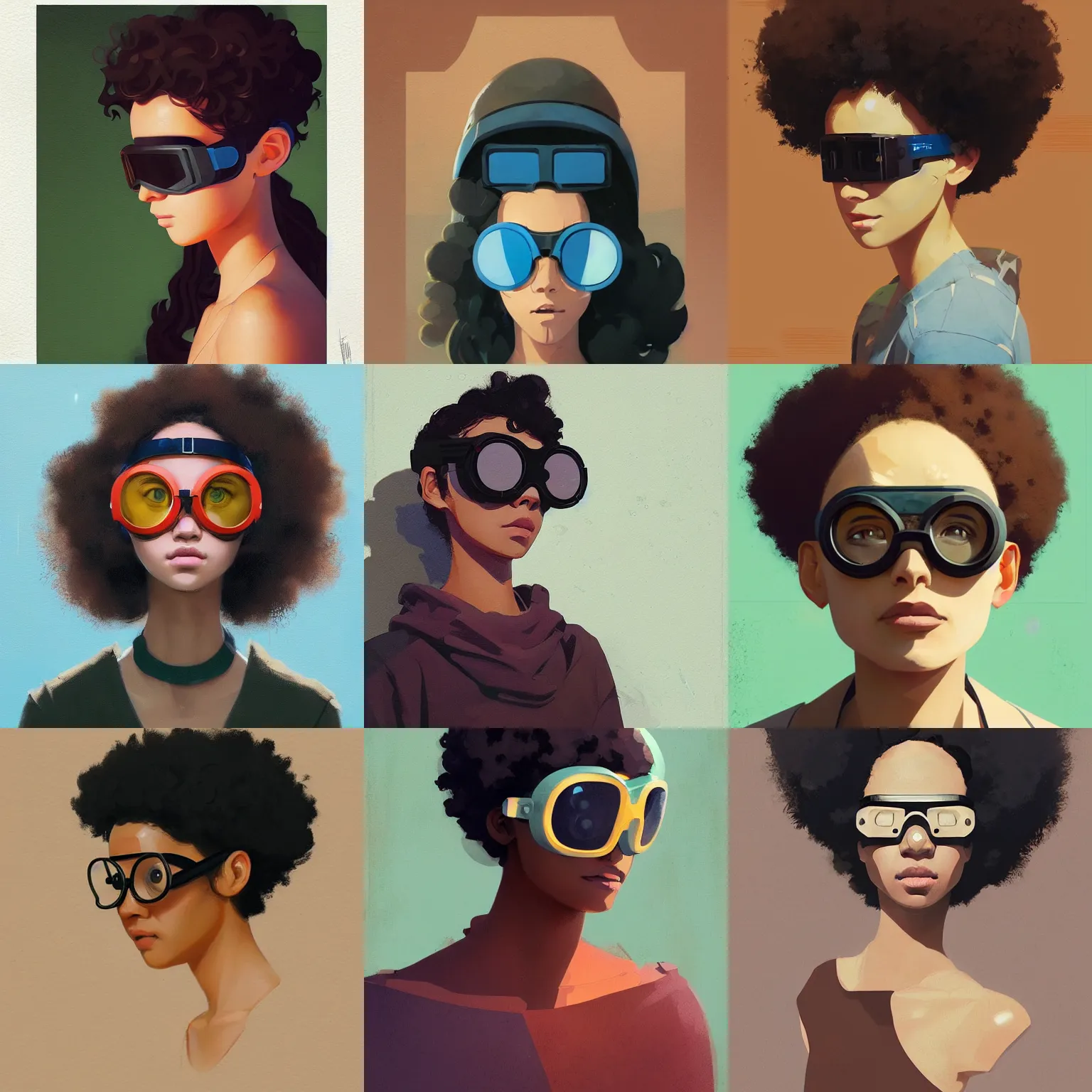 Image similar to Beautiful woman wearing goggles profile picture by Greg Rutkowski, brown skin, afro hair, asymmetrical, studio ghibli, Organic Painting , Matte Painting, geometric shapes, hard edges, street art, trending on the artstation, realistic by Sachin Teng,