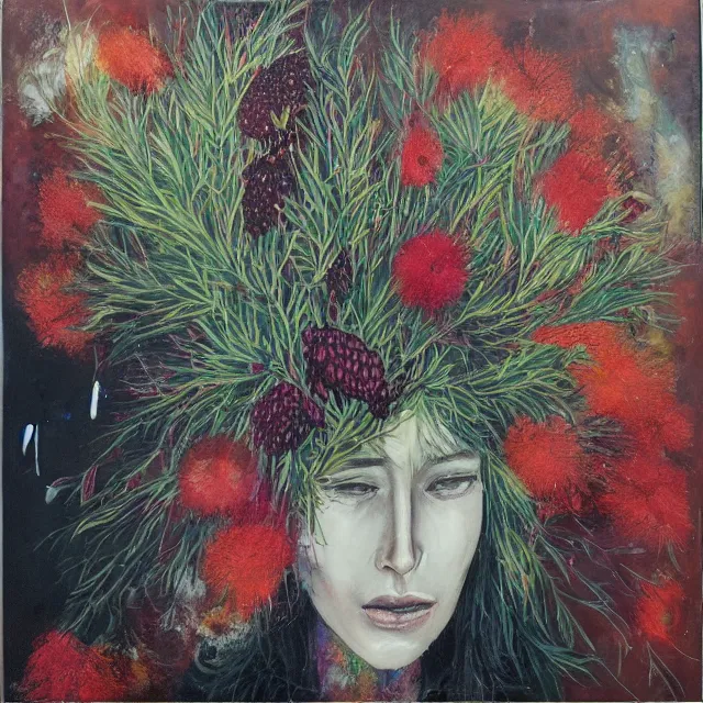 Image similar to “ a portrait in a female art student ’ s apartment, australian wildflowers, sensual, queer woman, flax, flannel flower, bottlebrush, eucalyptus, art supplies, a candle dripping white wax, clay, squashed berries, berry juice drips, acrylic and spray paint and oilstick on canvas, surrealism, neoexpressionism ”