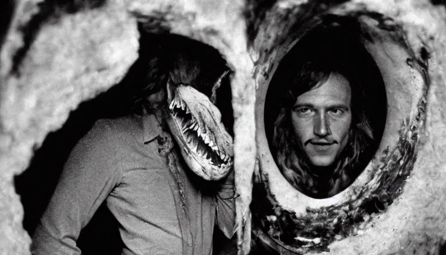 Prompt: 70s movie still close-up portrait of a man with a taxidermic bloody jaws and esoteric dress in a liminal space style tunnel, early black and white 8mm, heavy grain, high quality,