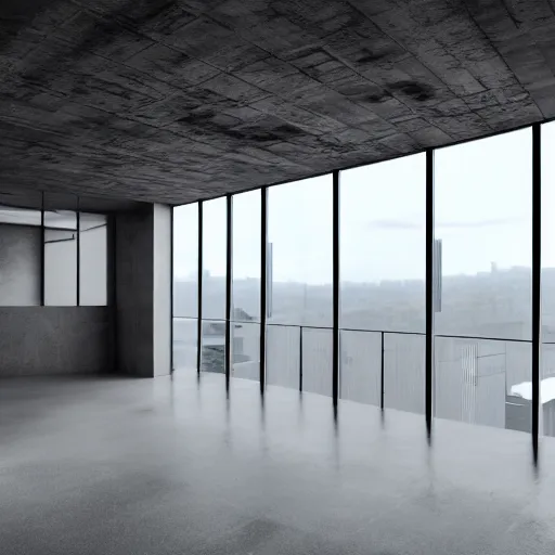 Image similar to brutalist executive offcie room interior design concept big windows minimalist furnitrue by martyn lawrence bullard design high quality ultra realistic 8 k