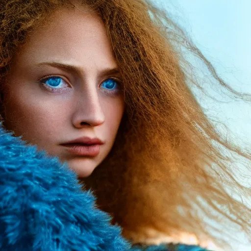 Prompt: a vivid portrait of a female with beautiful hair, light skin, and big blue eyes, soft cinematic lighting, shallow depth of field, photograph by annie leibovitz, 4k