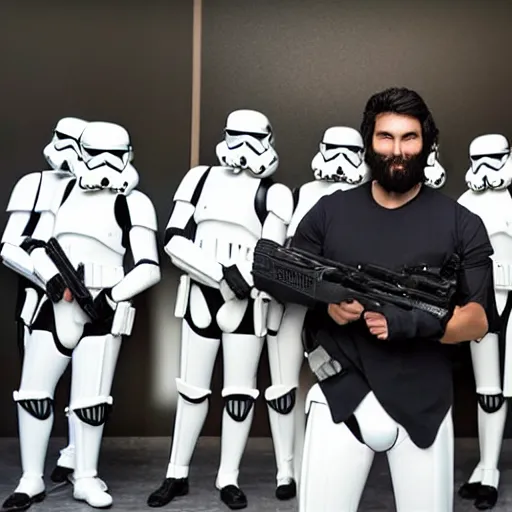 Image similar to 5 foot 1 0 fit man with short black beard and medium black well styled hair being captured by stormtroopers, highly detailed, high definition, ultra realistic