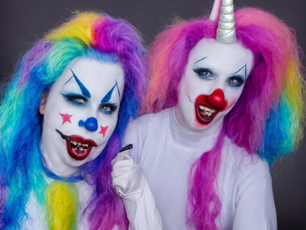 Prompt: 1 unicorn wearing clown makeup on stage auditioning for American Idol