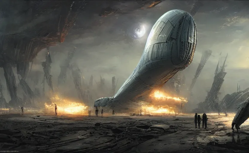 Prompt: hi - tech alien space ship crashed on dystopian earth, nyc 2 0 7 7, detailed, sharp focus, brush strokes, by peter elson, federico pelat, darek zabrocki, craig mullins.