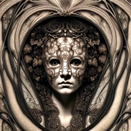 Image similar to detailed realistic beautiful porcelain calaveras face goddess portrait by jean delville, gustave dore, iris van herpen and marco mazzoni, art forms of nature by ernst haeckel, art nouveau, symbolist, visionary, gothic, neo - gothic, pre - raphaelite, fractal lace, intricate alien botanical biodiversity, surreality, hyperdetailed ultrasharp octane render