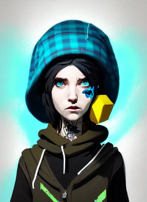 Prompt: highly detailed portrait of a sewer punk lady student, blue eyes, tartan hoody, hat, white hair by atey ghailan, by greg tocchini, by joe fenton, gradient yellow, black, brown and cyan color scheme, grunge aesthetic!!! ( ( graffiti tag wall ) )