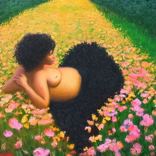 Image similar to pregnant black woman with curly hair in a vast field of flowers, laying down, a tiny black puppy running around, golden hour, vintage, impressionist painting, fine art, oil painting, dreamy, pastel, laughing, happy, intricate details, sharp, peaceful, serene